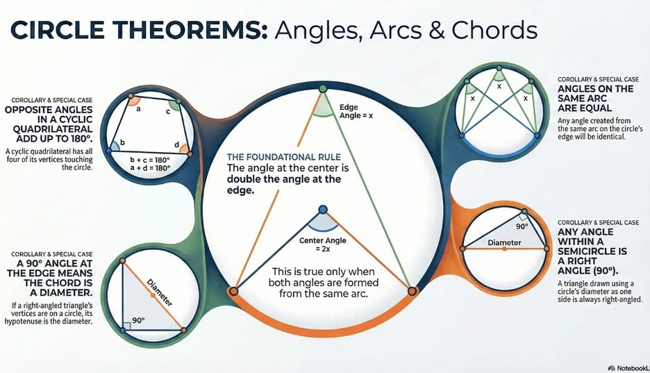 Infographic showing circle theorems including angles at the centre and edge, cyclic quadrilaterals, and the semicircle rule