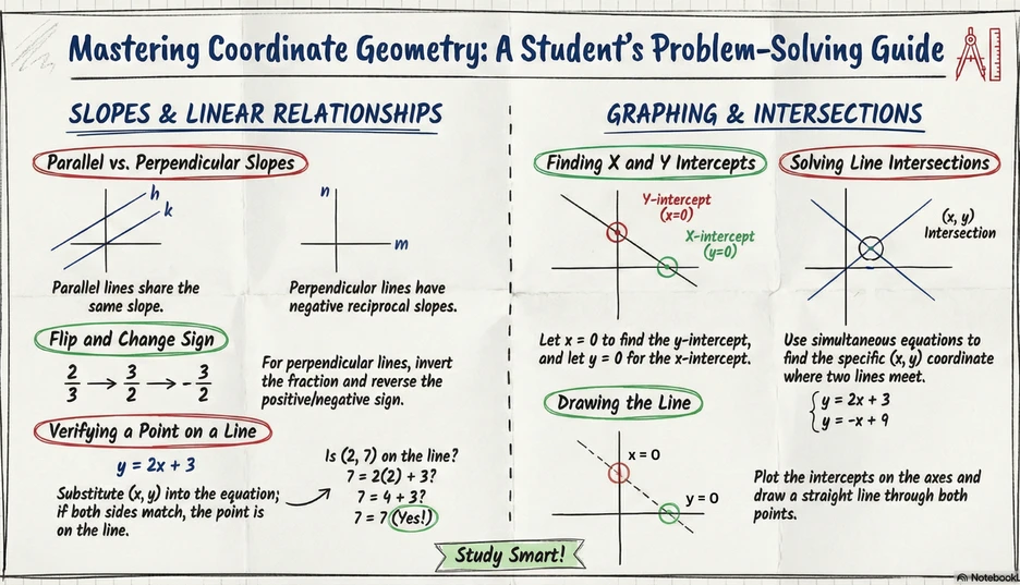 Infographic showing coordinate geometry concepts including slopes, parallel and perpendicular lines, intercepts, and line intersections