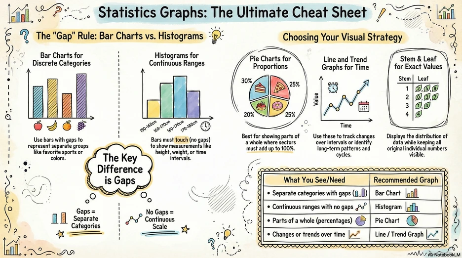 Infographic showing statistics graph types including bar charts, histograms, pie charts, line graphs, and stem and leaf plots