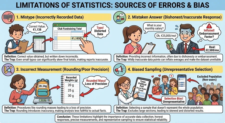 Infographic showing the four main limitations of statistics: mistype errors, mistaken answers, incorrect measurements, and biased sampling