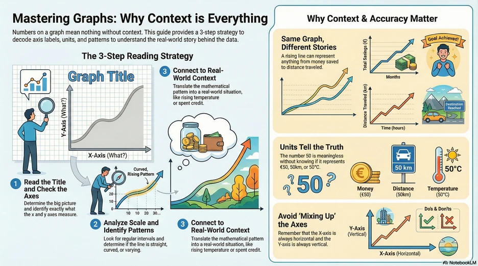 Infographic showing a 3-step graph reading strategy and why context and accuracy matter when interpreting graphs